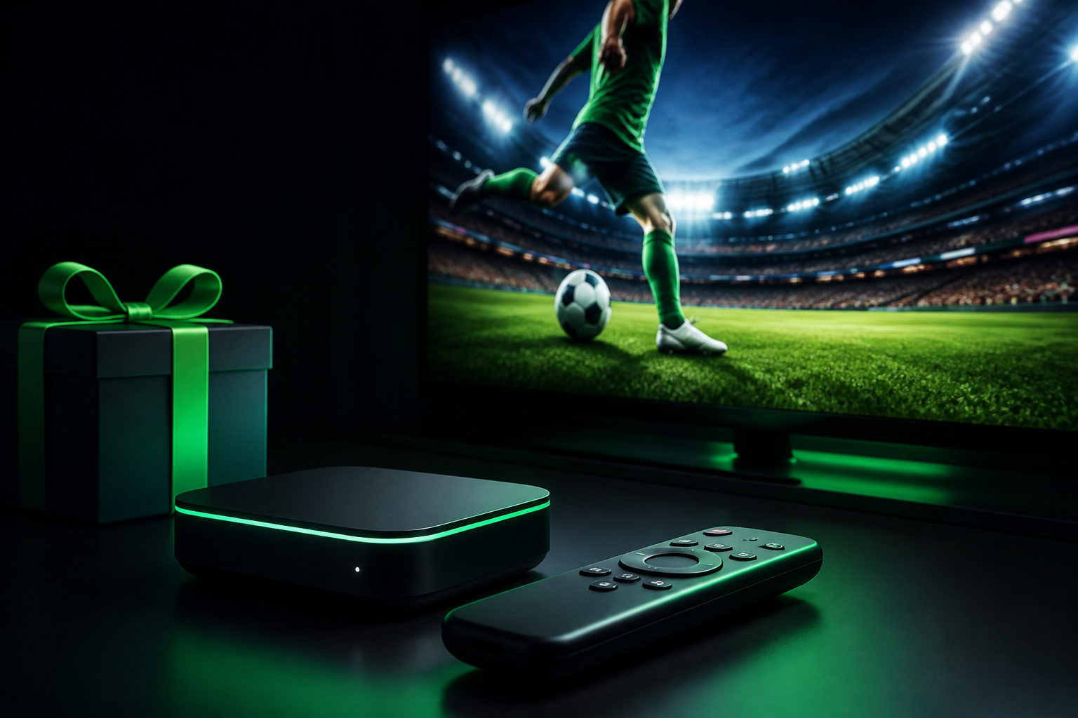 8K IPTV free trial - streaming device and remote with vivid ultra HD sports scene